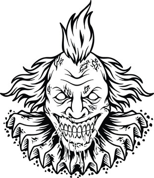 Scary evil clown head cartoon logo monochrome vector illustrations for your work logo, merchandise t-shirt, stickers and label designs, poster, greeting cards advertising business company or brands