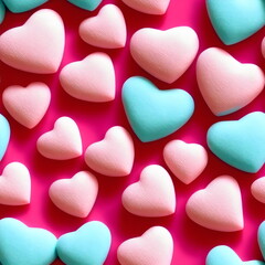 Fototapeta premium Cute and sweet candy hearts light pink and blue, seamless hearts pattern, tileable Valentine texture asset, part of Hearts_Textures_Collection, Generative AI