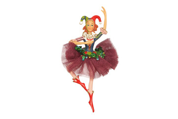 figurine of a ballerina with a jester's cap isolated on a white background