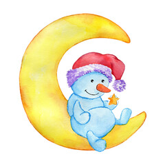 Cute character snowman in a hat sitting on the moon, watercolor illustration hand-drawn