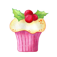 Delicious cupcake with white icing and red berries, watercolor hand-painted