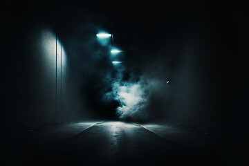 Science fiction interior scene- sci-fi corridor render scene with neon lights and smoke created with Generative AI technology	