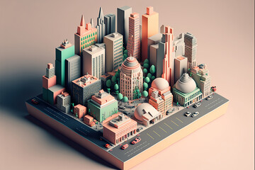 Modern cityscape colorful, white background. Isometric 3D city scape. Generative AI illustration.