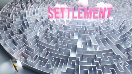 A journey to find Settlement - going through a confusing maze of obstacles and difficulties to finally reach settlement. A long and challenging path,3d illustration