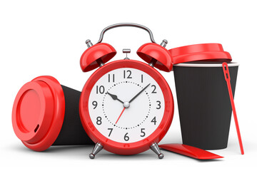 Vintage alarm clock with paper coffee cup on white background.