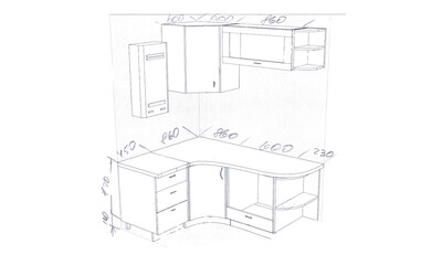 Sketch, drawing of furniture for the kitchen with dimensions