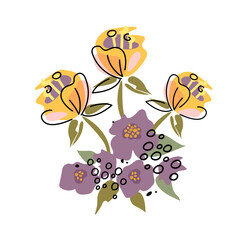 Obraz premium Abstract flower pattern with yellow and violet on white background. Spring botanic background. Plants,floral texture.