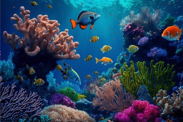 Fototapeta na wymiar Colorful coral reef with bright fish swimming in the foreground.