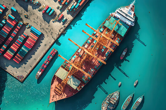 Aerial view from drone, Container ship or cargo shipping business logistic import and export. Generative AI illustration.