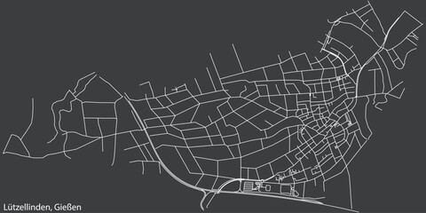 Detailed negative navigation white lines urban street roads map of the LÜTZELLINDEN DISTRICT of the German town of GIESSEN, Germany on dark gray background