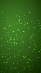 Snowfall overlay christmas background. Subtle flying snow flakes and stars on christmas green background. Festive snowfall overlay. Vertical vector illustration.
