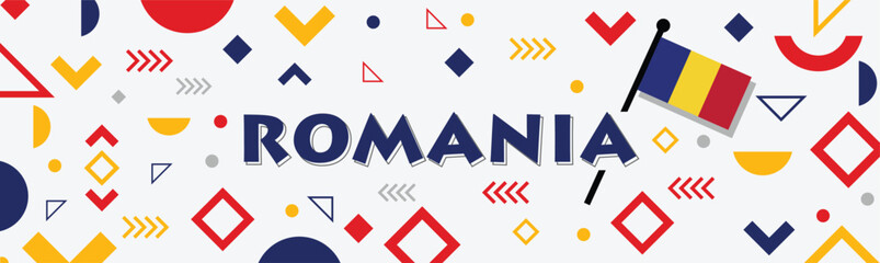 Romania national day banner with Romanian flag colors theme background and geometric abstract retro modern blue yellow red design. Raised fists of patriot supporters. Triangles Vector Illustration.
