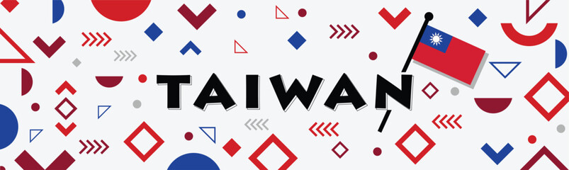 Taiwan national day banner with Taiwanese flag colors theme background and geometric abstract retro modern red blue design. Raised fists, people protest or supporters. Taipei Vector Illustration.
