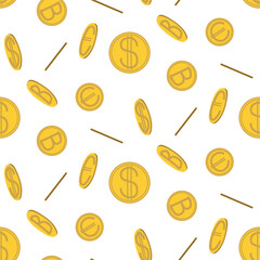 Seamless background with scattered dollar, euro and bitcoin coins. Money pattern