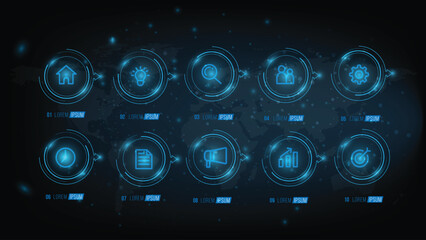Minimal Business Infographics template. Timeline with 10 steps, options and marketing icons .Vector linear infographic with ten conected elements. Can be use for presentation.