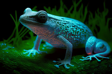 closeup of turquoise artificial frog sitting on grass 