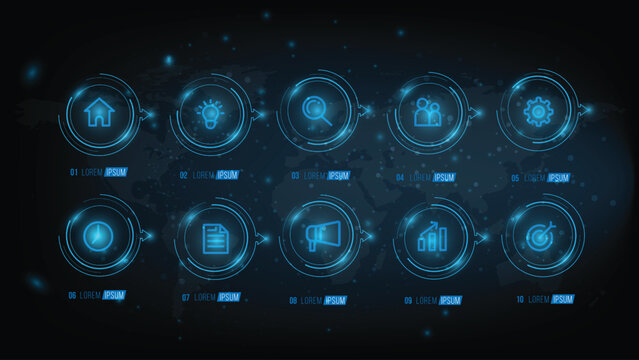 Minimal Business Infographics template. Timeline with 10 steps, options and marketing icons .Vector linear infographic with ten conected elements. Can be use for presentation.