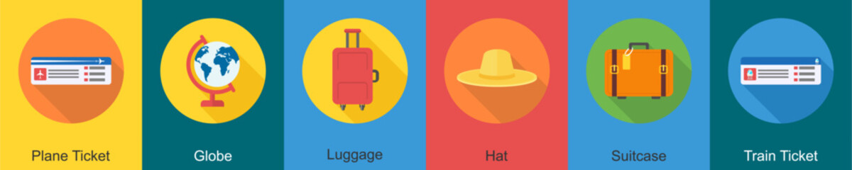 A set of 6 travel icons as plane ticket, globe, luggage