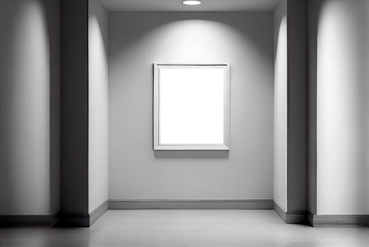 Empty gallery room with clear picture frame sample on light gray wall. Generative AI	
