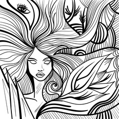 Black and white psychedelic line art with humans. Doodles and lines abstract hand-drawn vector art.