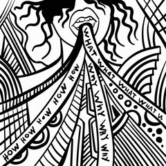 Black and white psychedelic line art with humans. Doodles and lines abstract hand-drawn vector art.