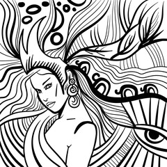 Black and white psychedelic line art with humans. Doodles and lines abstract hand-drawn vector art.