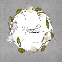 Magnolia wreath and tiny grey birds. Floral background