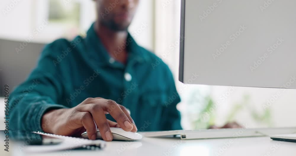 Aufkleber office computer mouse, hands and black man working feedback review of social media, customer experie