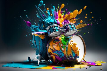 Drums With Abstract Paint Splashes, 12K Resolution Generative AI Illustration 