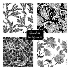 Set of graphic background. Monochrome seamless pattern of tree twigs. Hand drawn botanical ink illustration with floral motif. Hand drawn black print for fabric, wrapping paper, wallpaper design
