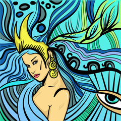 Colourful psychedelic line art with abstract woman. Doodles and lines abstract hand-drawn vector art.