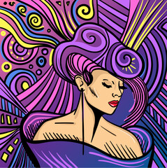 Colourful psychedelic line art with abstract woman. Doodles and lines abstract hand-drawn vector art.