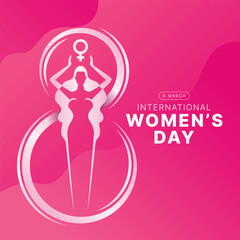 International women's day - woman holding above a head female symbol on number eight sign on pink background vector design