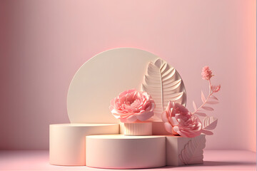 3D Minimal and Luxury podium, pastel pink background with rose flowers. and palm leaf shadow. Minimal pedestal for beauty, cosmetic product. Valentine, realistic, copy space