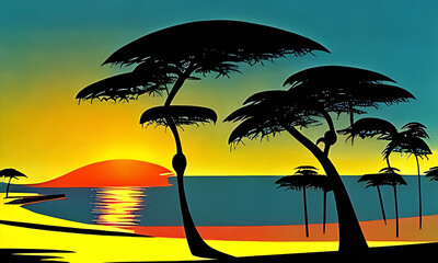 Generative AI. vivid sunset on beach illustration