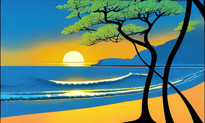 Generative AI. vivid sunset on beach illustration
