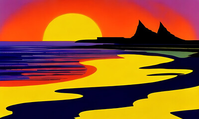 Generative AI. vivid sunset on beach illustration