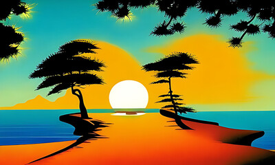 Generative AI. vivid sunset on beach illustration