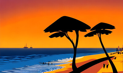 Generative AI. vivid sunset on beach illustration