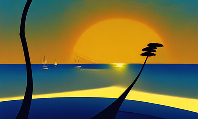 Generative AI. vivid sunset on beach illustration