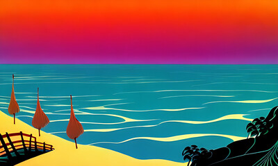 Generative AI. vivid sunset on beach illustration
