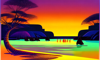 Generative AI. vivid sunset on beach illustration