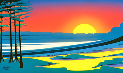 Generative AI. vivid sunset on beach illustration