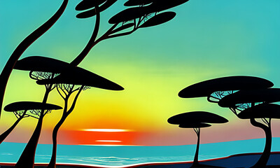 Generative AI. vivid sunset on beach illustration