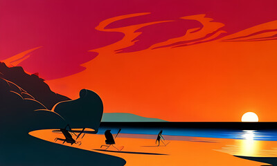 Generative AI. vivid sunset on beach illustration