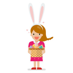 Cute girl hold basket full of Easter eggs