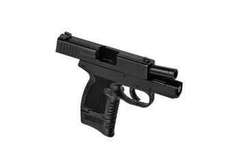 Modern semi-automatic pistol isolate on a white background. Armament for the army and police. Short-barreled weapon