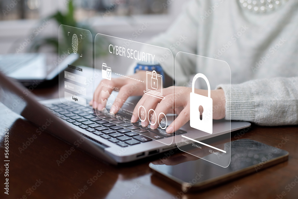Poster cyber security and security password login online concept hands typing and entering username and pas