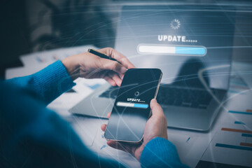 Handhold smartphone with Update Software Computer Program Upgrade Business Technology Internet,...