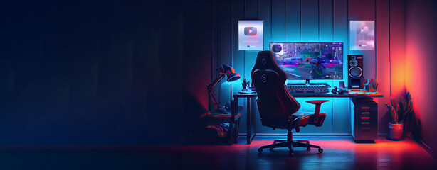 Fototapeta premium Professional cyber video gamer studio room, computer, armchair, keyboard. High-quality equipment, stylish design elements. Neon lighting, stunning atmospher, copy space, generative AI